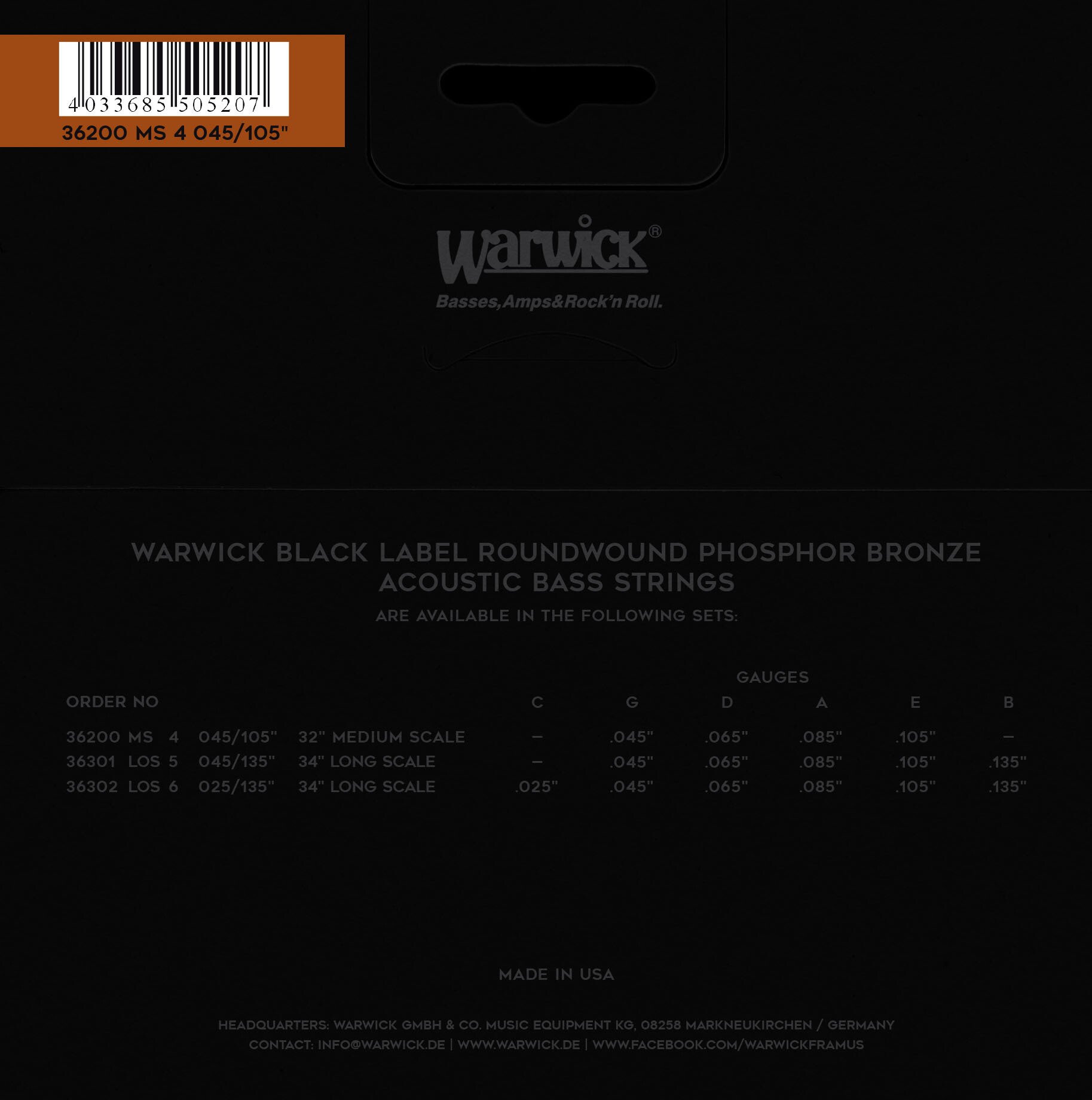 Black Label Acoustic Bass String Set, Phosphor Bronze, 4, Medium